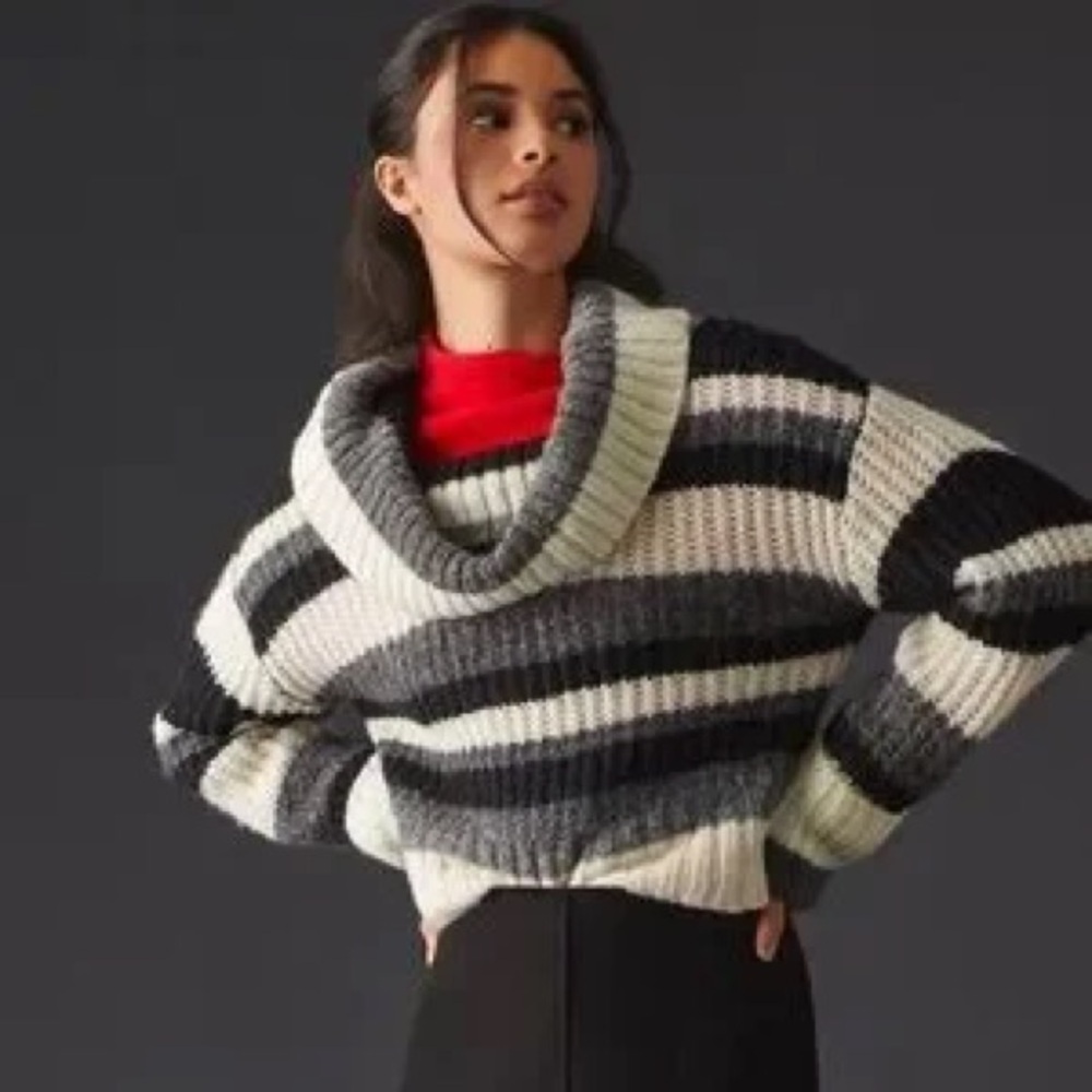 Anthropologie Black and Cream Striped Cowl Neck Sweater - Picture 3 of 11